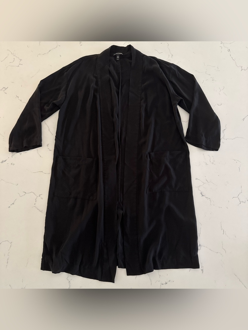 Eileen Fisher Black Silk Open Front Long Cardigan women Lightweight Pockets